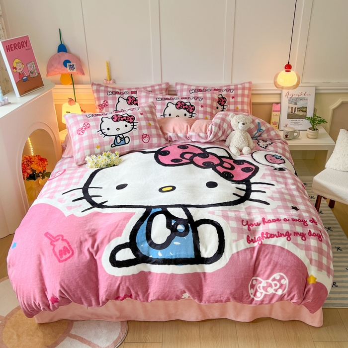 91家纺网 家纺一手货源 找家纺 妖妖家纺 2025新款高克重牛奶绒三丽鸥大版四件套 呆萌kitty