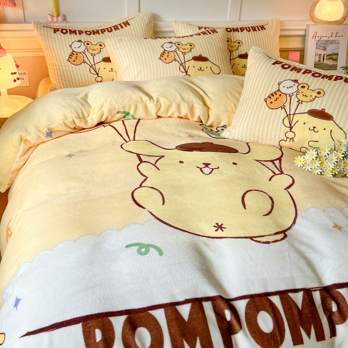 91家纺网 家纺一手货源 找家纺 妖妖家纺 2025新款高克重牛奶绒三丽鸥大版四件套 开心布丁狗