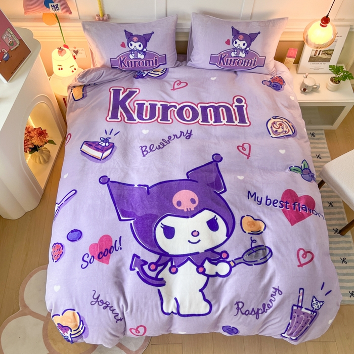 91家纺网 家纺一手货源 找家纺 妖妖家纺 2025新款高克重牛奶绒三丽鸥大版四件套 库洛米大厨