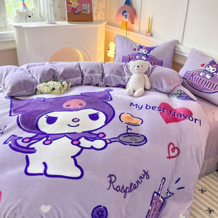 91家纺网 家纺一手货源 找家纺 妖妖家纺 2025新款高克重牛奶绒三丽鸥大版四件套 库洛米大厨