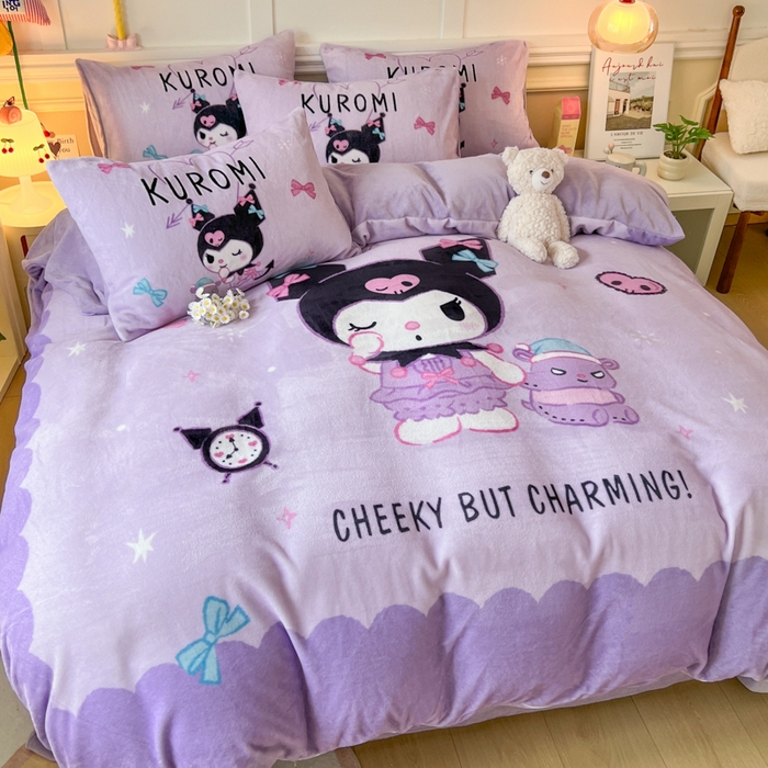 妖妖家纺 2025新款高克重牛奶绒三丽鸥大版四件套 甜酷库洛米