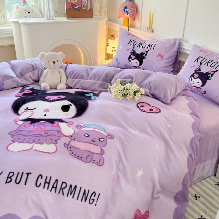 91家纺网 家纺一手货源 找家纺 妖妖家纺 2025新款高克重牛奶绒三丽鸥大版四件套 甜酷库洛米