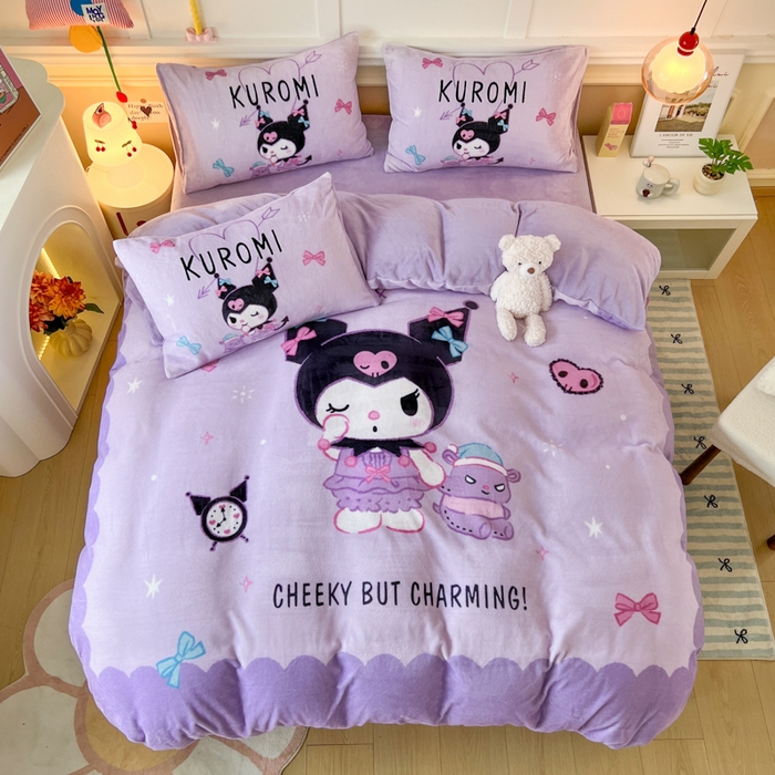 91家纺网 家纺一手货源 找家纺 妖妖家纺 2025新款高克重牛奶绒三丽鸥大版四件套 甜酷库洛米