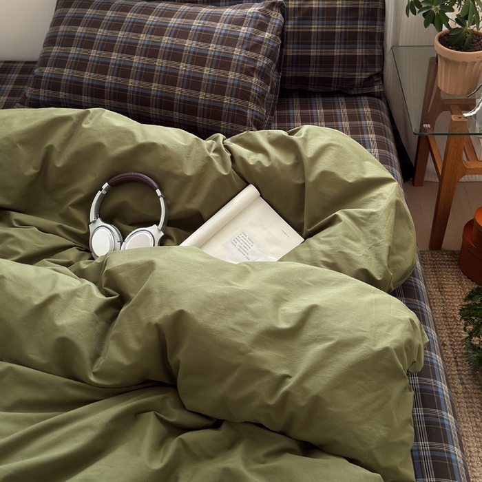 91家纺网 家纺一手货源 找家纺 良品汇馆 2025【水洗棉混搭格子四件套】混搭纯色格子学生民宿床品套件格纹 海岸蓝格（橄榄绿配格子枕套）