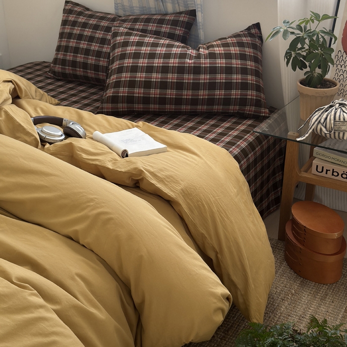 良品汇馆 2025【水洗棉混搭格子四件套】混搭纯色格子学生民宿床品套件格纹 赤线红格（金驼配格子枕套）