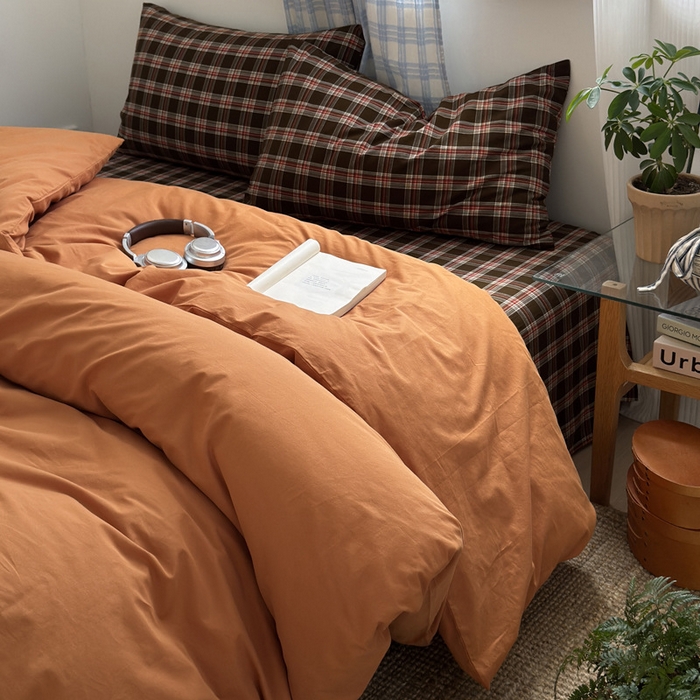 良品汇馆 2025【水洗棉混搭格子四件套】混搭纯色格子学生民宿床品套件格纹 赤线红格（南瓜橘配格子枕套）