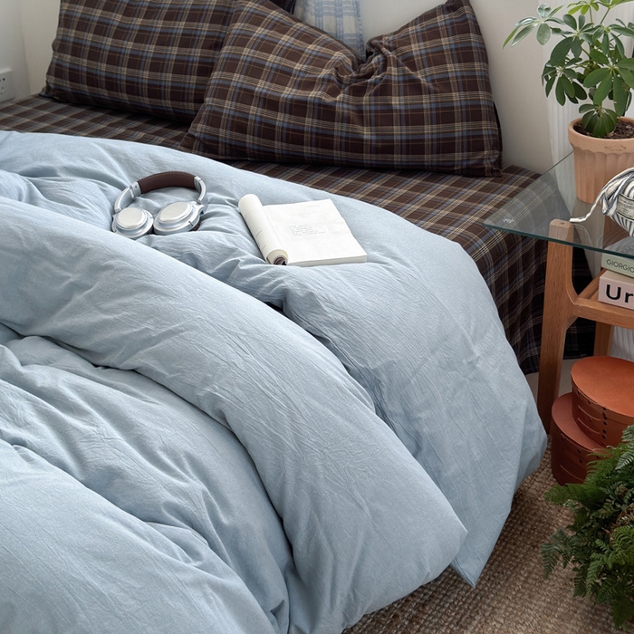 良品汇馆 2025【水洗棉混搭格子四件套】混搭纯色格子学生民宿床品套件格纹 海岸蓝格（浅蓝配格子枕套）