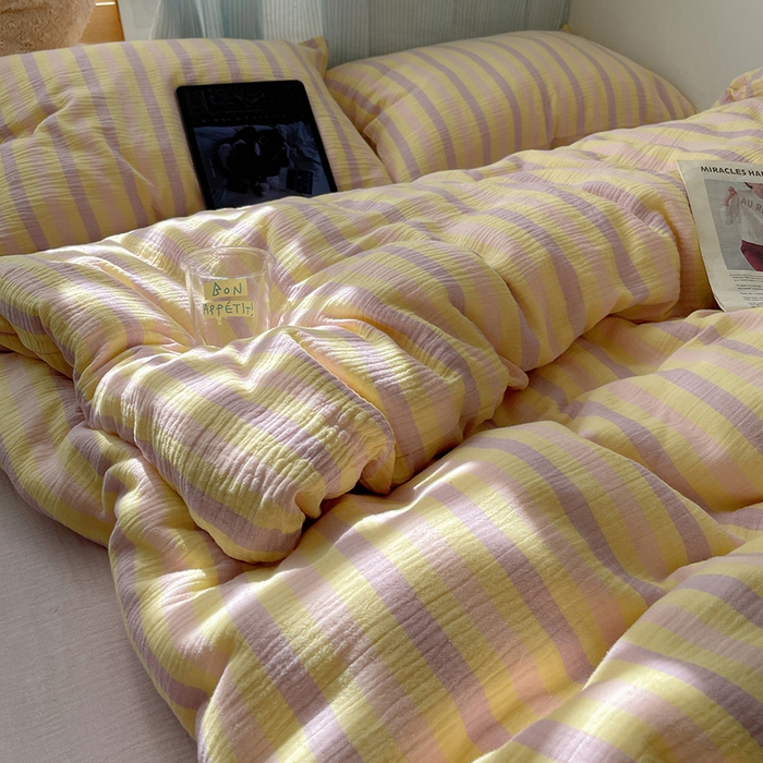 91家纺网 家纺一手货源 找家纺 （总）良品汇馆 2025【全棉色织皱皱纱四件套】条纹A类双层纱套件民宿柔软床品