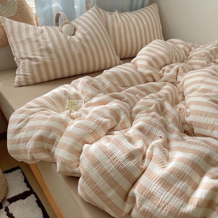 91家纺网 家纺一手货源 找家纺 （总）良品汇馆 2025【全棉色织皱皱纱四件套】条纹A类双层纱套件民宿柔软床品