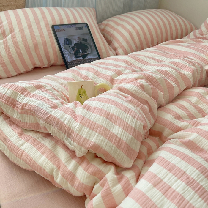 91家纺网 家纺一手货源 找家纺 （总）良品汇馆 2025【全棉色织皱皱纱四件套】条纹A类双层纱套件民宿柔软床品