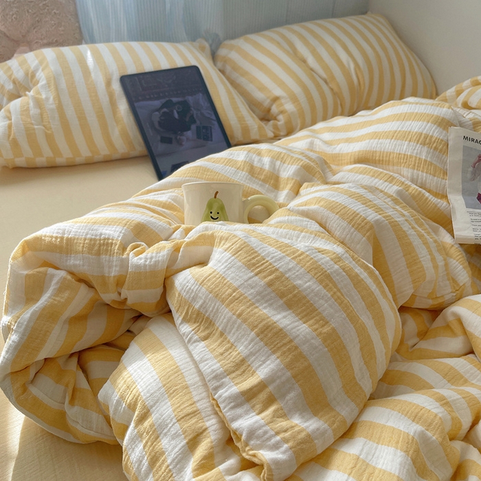 91家纺网 家纺一手货源 找家纺 （总）良品汇馆 2025【全棉色织皱皱纱四件套】条纹A类双层纱套件民宿柔软床品