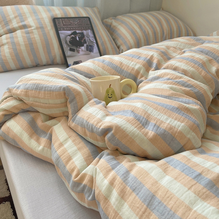 良品汇馆 2025【全棉色织皱皱纱四件套】条纹A类双层纱套件民宿柔软床品 杼影-咖纸蓝