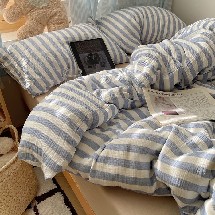 良品汇馆 2025【全棉色织皱皱纱四件套】条纹A类双层纱套件民宿柔软床品 杼影-冷雾蓝