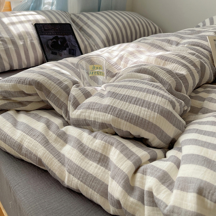 良品汇馆 2025【全棉色织皱皱纱四件套】条纹A类双层纱套件民宿柔软床品 杼影-雨巷灰