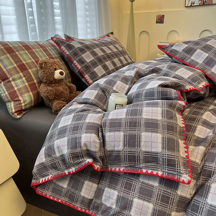 （总）良品汇馆 2025【全棉磨毛四件套格纹】英伦格纹复古风贝壳边套件