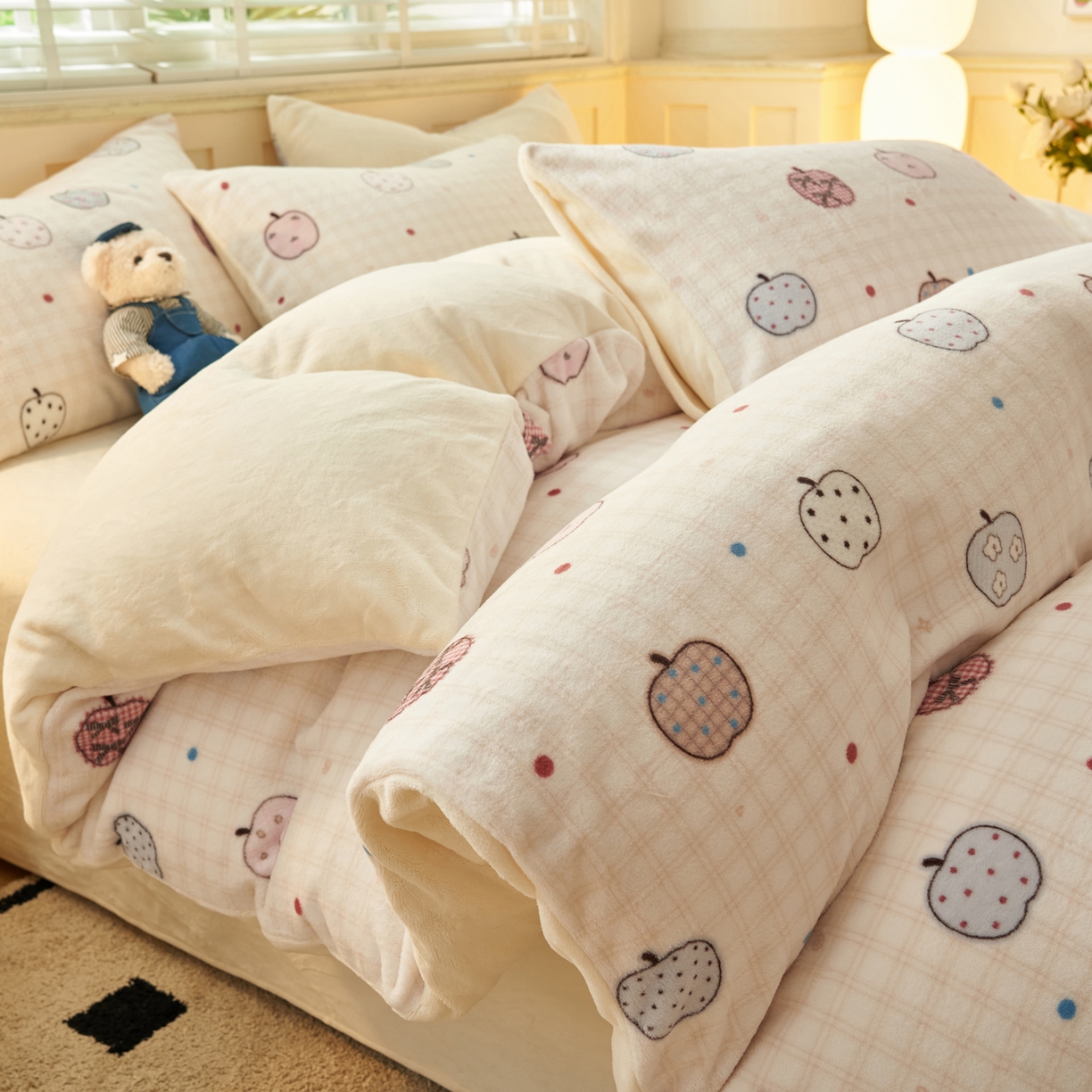 91家纺网 家纺一手货源 找家纺 晨曦家纺 2025新款加厚230克双面牛奶绒卡通可爱法兰绒四件套 苹果乐园