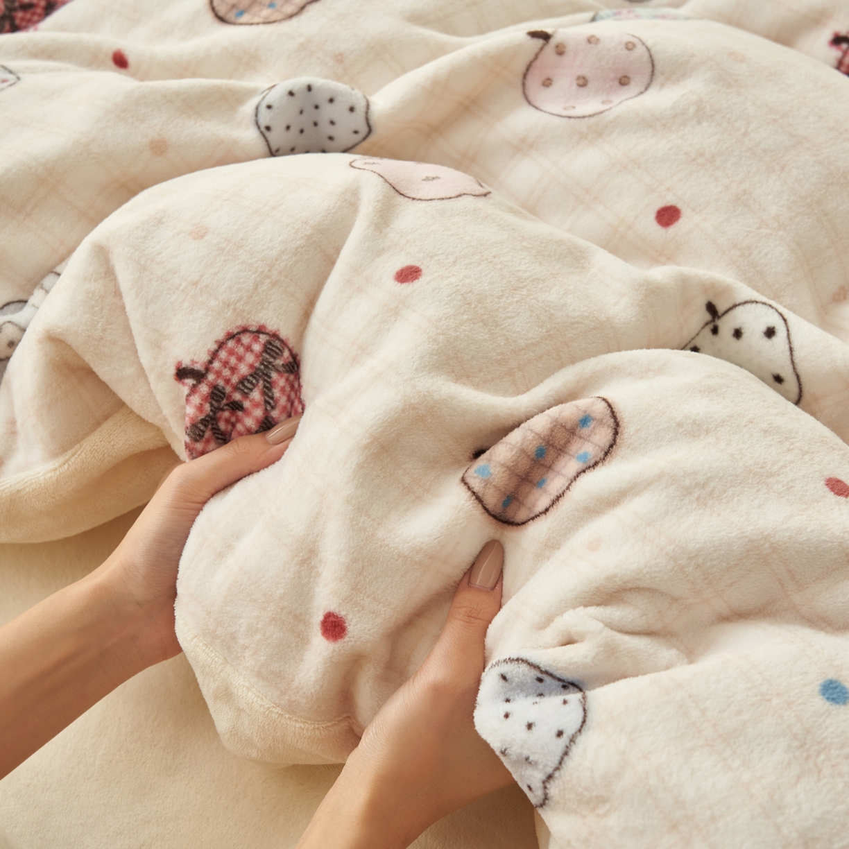 91家纺网 家纺一手货源 找家纺 晨曦家纺 2025新款加厚230克双面牛奶绒卡通可爱法兰绒四件套 苹果乐园