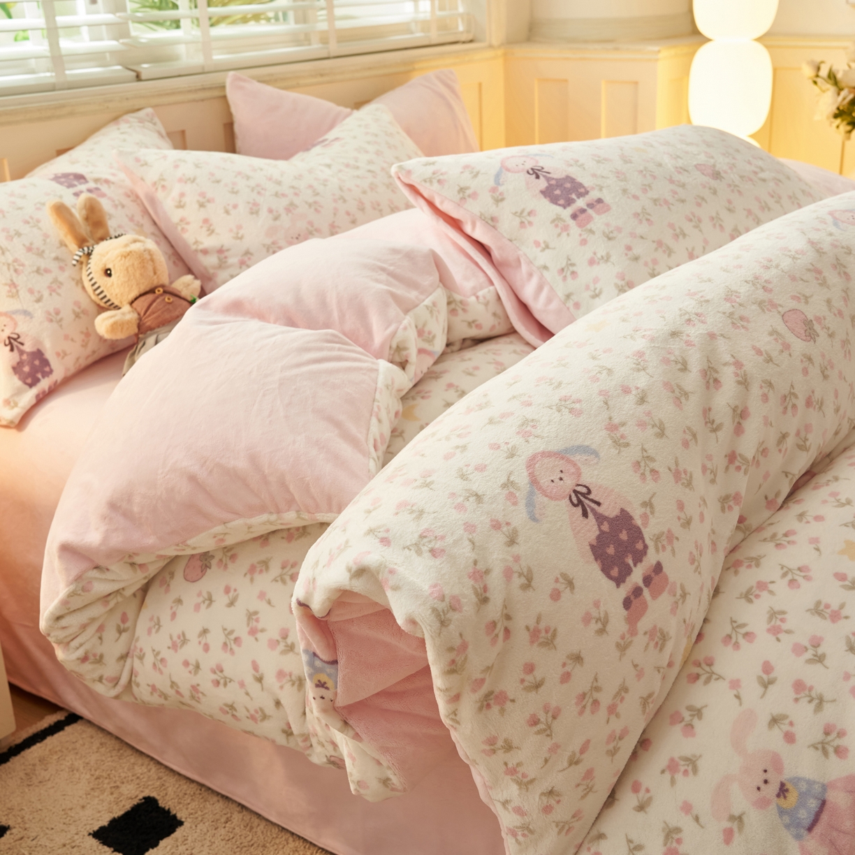 91家纺网 家纺一手货源 找家纺 晨曦家纺 2025新款加厚230克双面牛奶绒卡通可爱法兰绒四件套 兔女孩