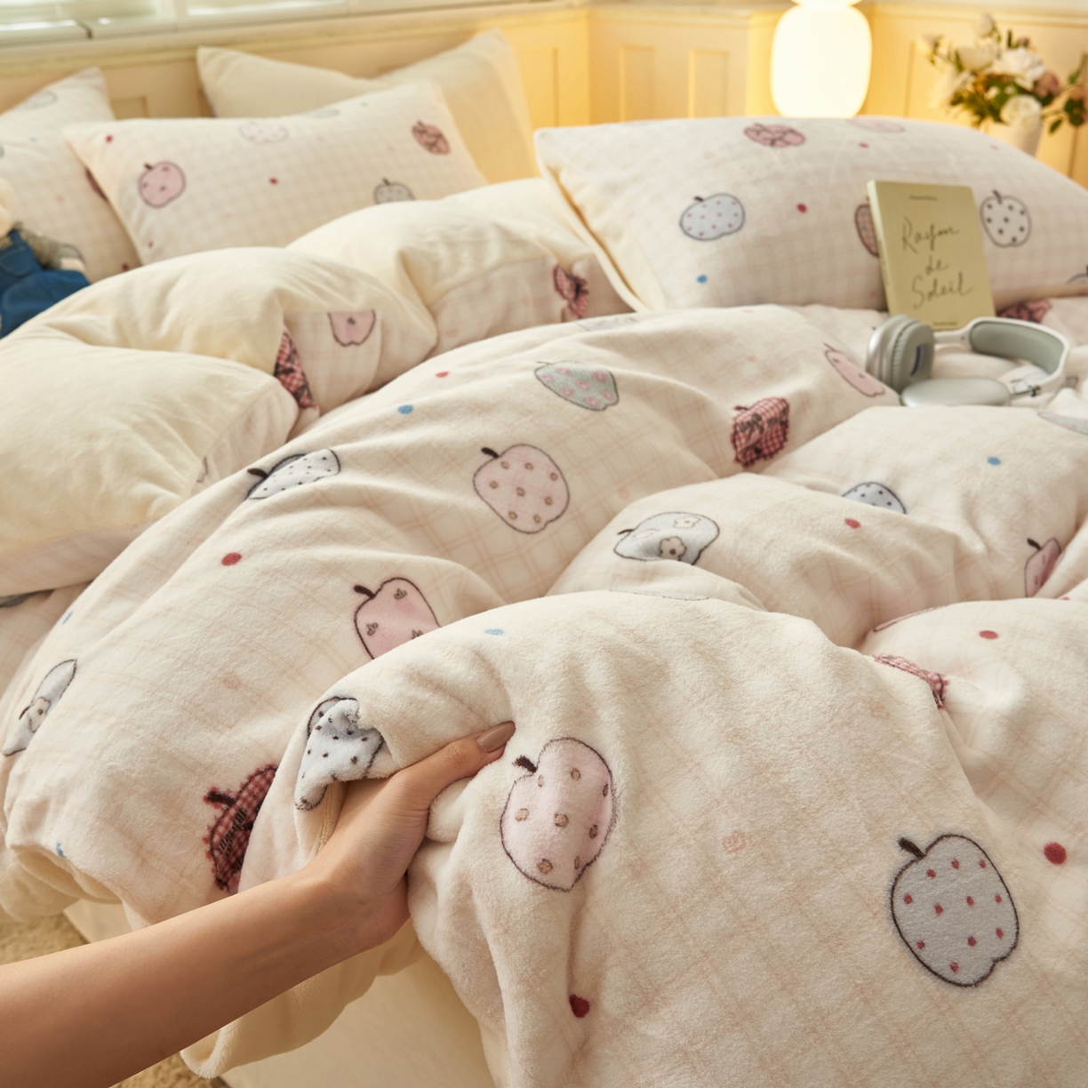 91家纺网 家纺一手货源 找家纺 晨曦家纺 2025新款加厚230克双面牛奶绒卡通可爱法兰绒四件套 苹果乐园