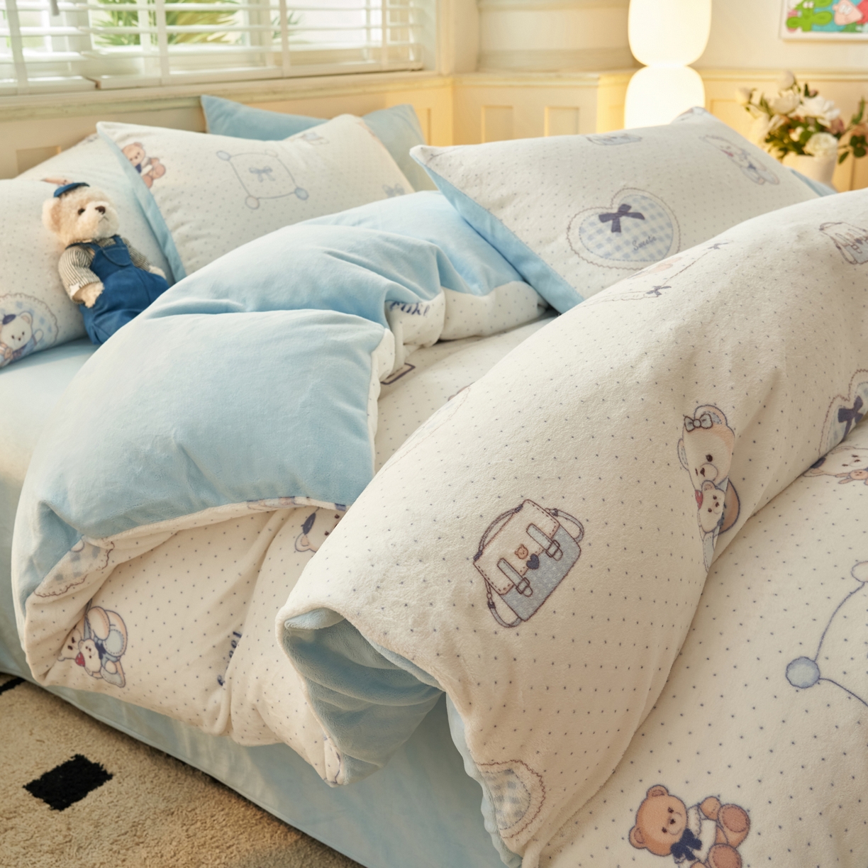 91家纺网 家纺一手货源 找家纺 晨曦家纺 2025新款加厚230克双面牛奶绒卡通可爱法兰绒四件套 萌萌熊仔