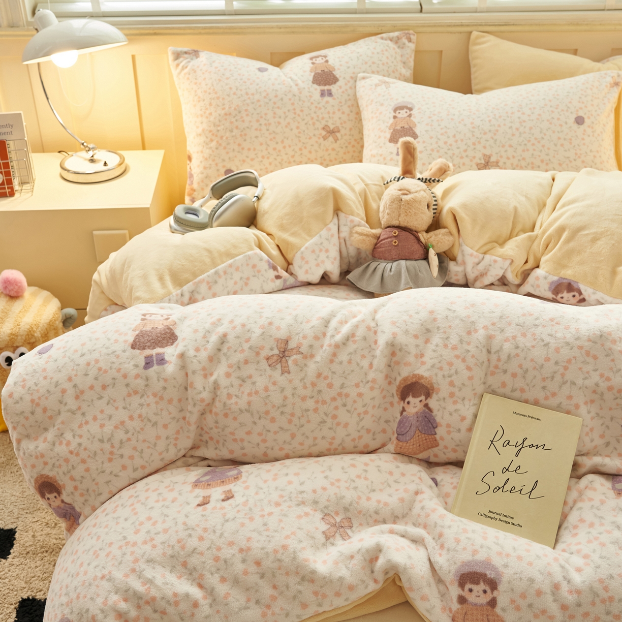 91家纺网 家纺一手货源 找家纺 晨曦家纺 2025新款加厚230克双面牛奶绒卡通可爱法兰绒四件套 可爱女孩