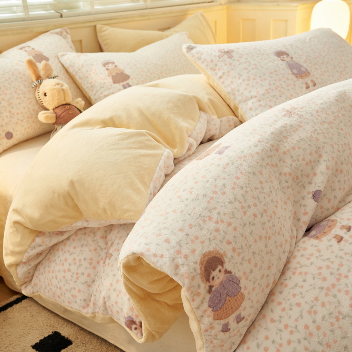 91家纺网 家纺一手货源 找家纺 晨曦家纺 2025新款加厚230克双面牛奶绒卡通可爱法兰绒四件套 可爱女孩