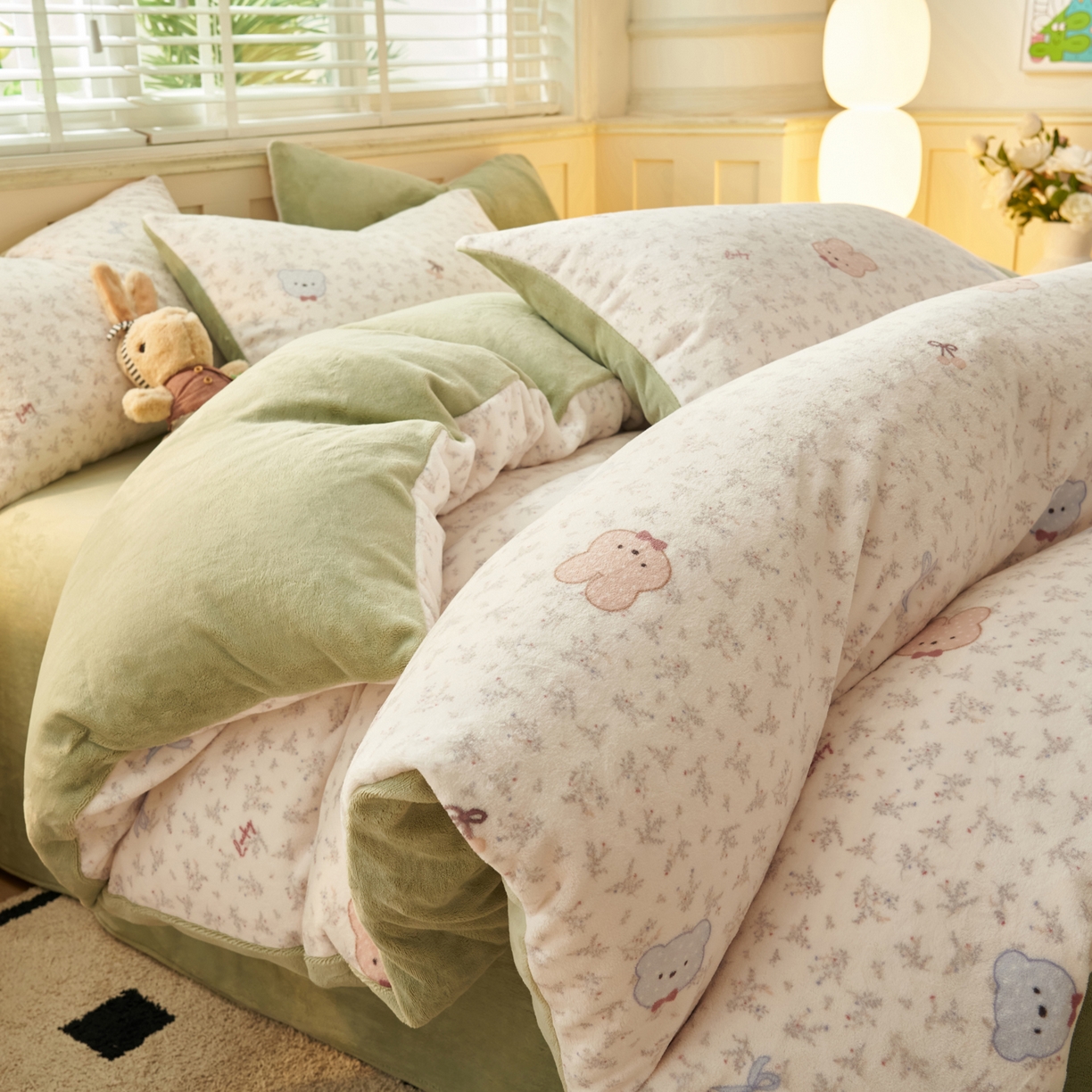 91家纺网 家纺一手货源 找家纺 晨曦家纺 2025新款加厚230克双面牛奶绒卡通可爱法兰绒四件套 鲜花小兔