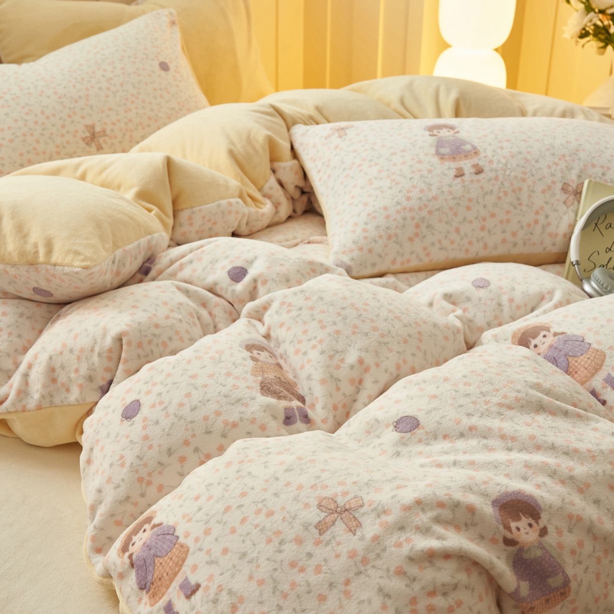 91家纺网 家纺一手货源 找家纺 晨曦家纺 2025新款加厚230克双面牛奶绒卡通可爱法兰绒四件套 可爱女孩