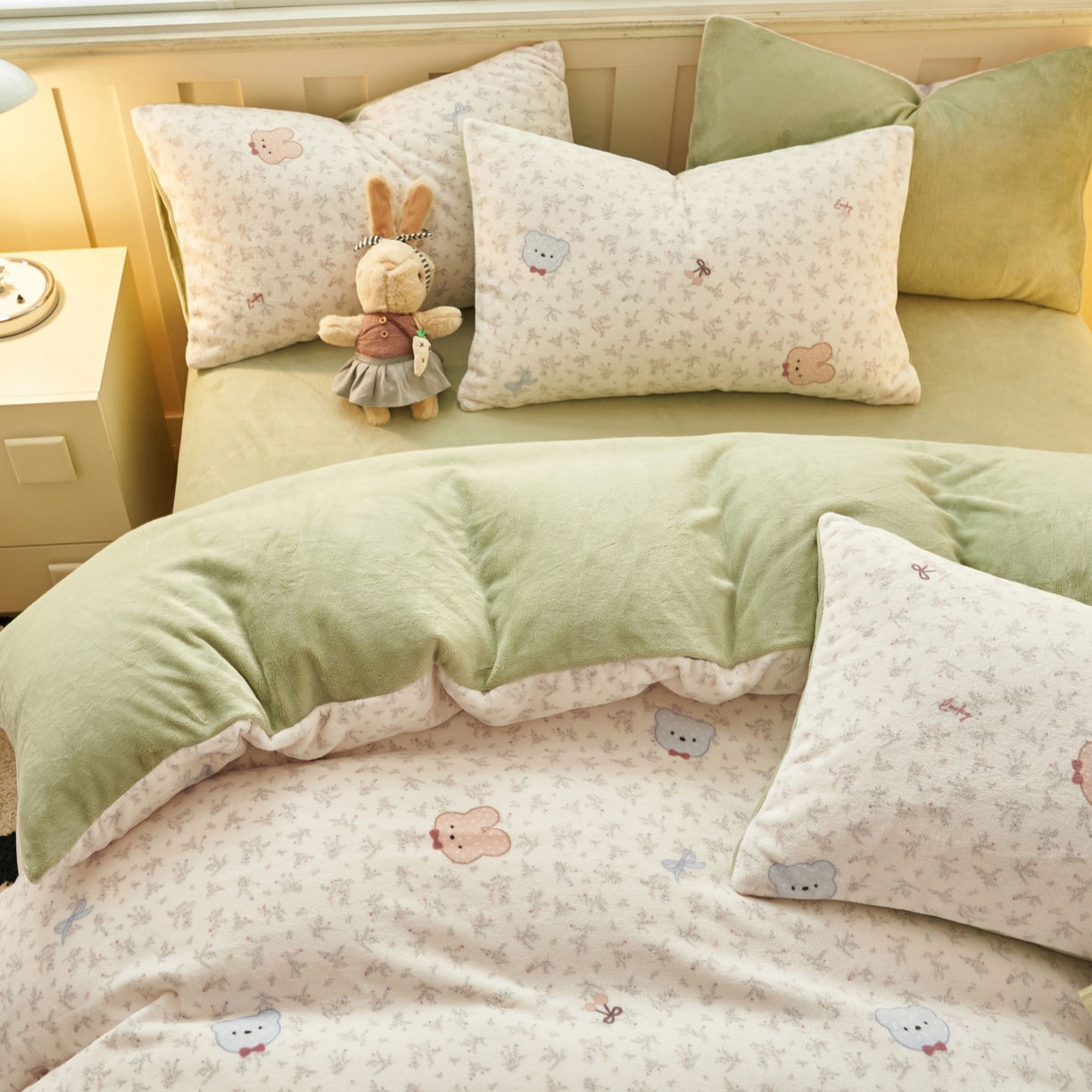 91家纺网 家纺一手货源 找家纺 晨曦家纺 2025新款加厚230克双面牛奶绒卡通可爱法兰绒四件套 鲜花小兔