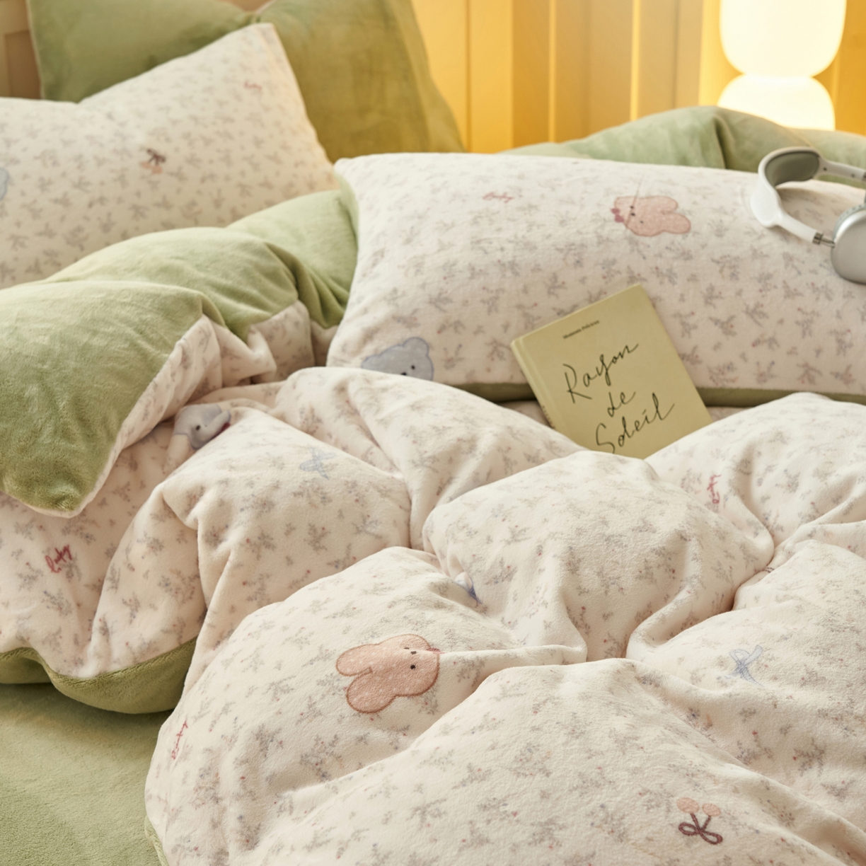 91家纺网 家纺一手货源 找家纺 晨曦家纺 2025新款加厚230克双面牛奶绒卡通可爱法兰绒四件套 鲜花小兔