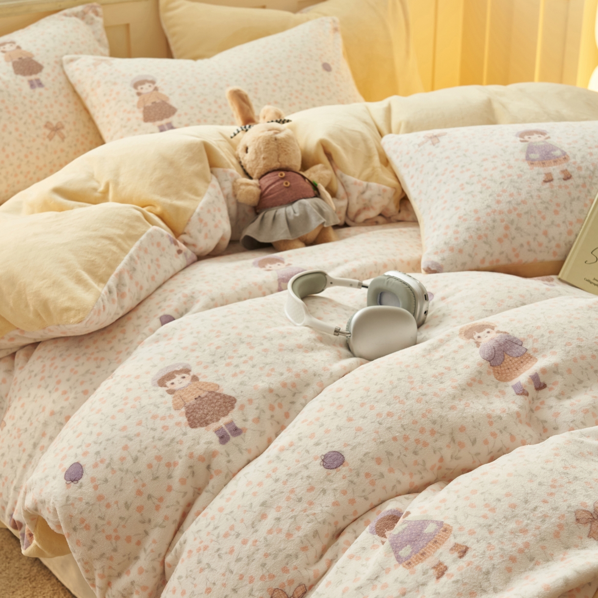 91家纺网 家纺一手货源 找家纺 晨曦家纺 2025新款加厚230克双面牛奶绒卡通可爱法兰绒四件套 可爱女孩