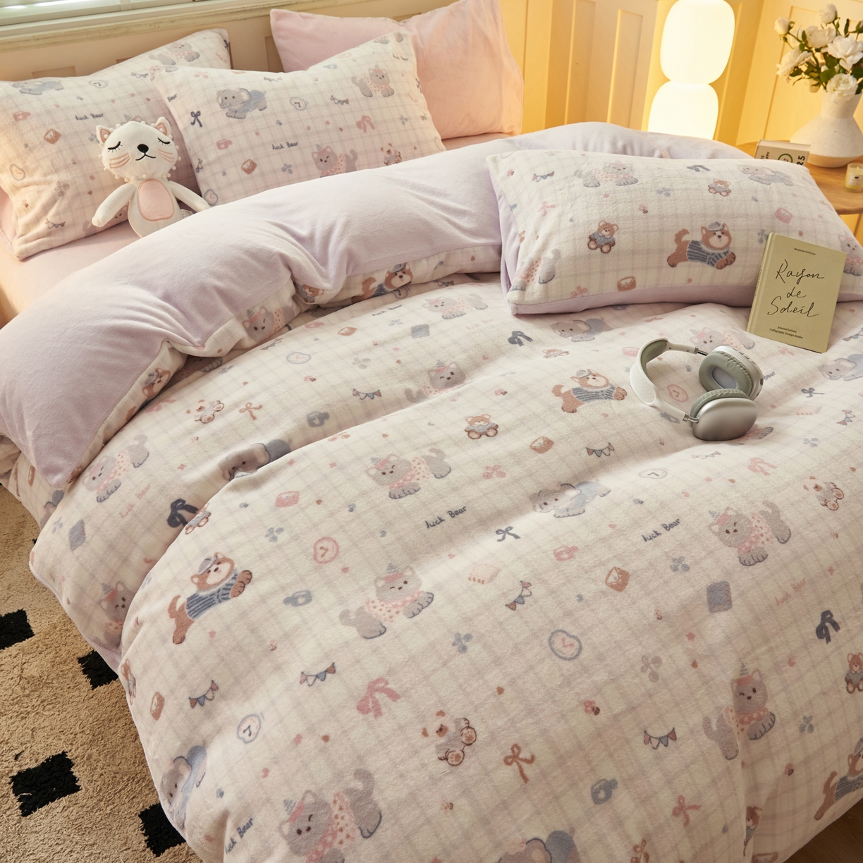 91家纺网 家纺一手货源 找家纺 晨曦家纺 2025新款加厚230克双面牛奶绒卡通可爱法兰绒四件套 动物乐园