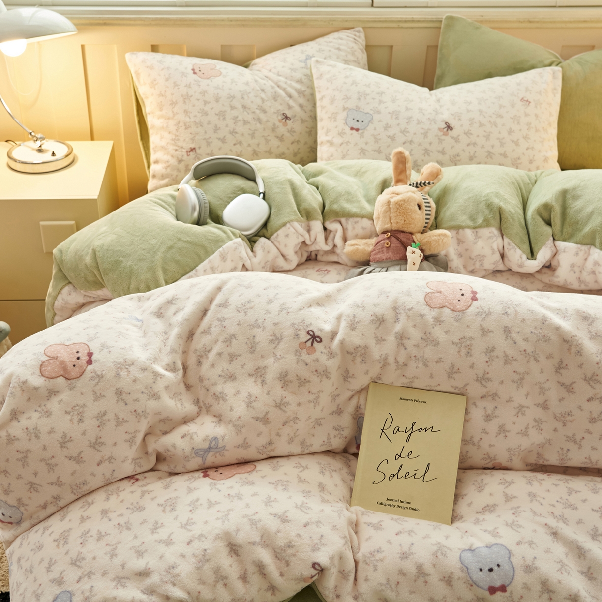 91家纺网 家纺一手货源 找家纺 晨曦家纺 2025新款加厚230克双面牛奶绒卡通可爱法兰绒四件套 鲜花小兔