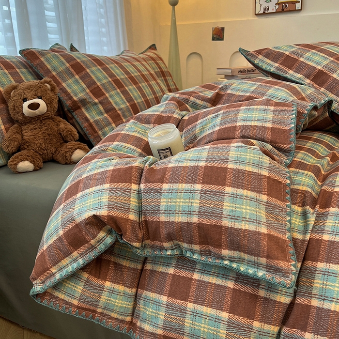 良品汇馆 2025【全棉磨毛四件套格纹】英伦格纹复古风贝壳边套件 棕林青雾