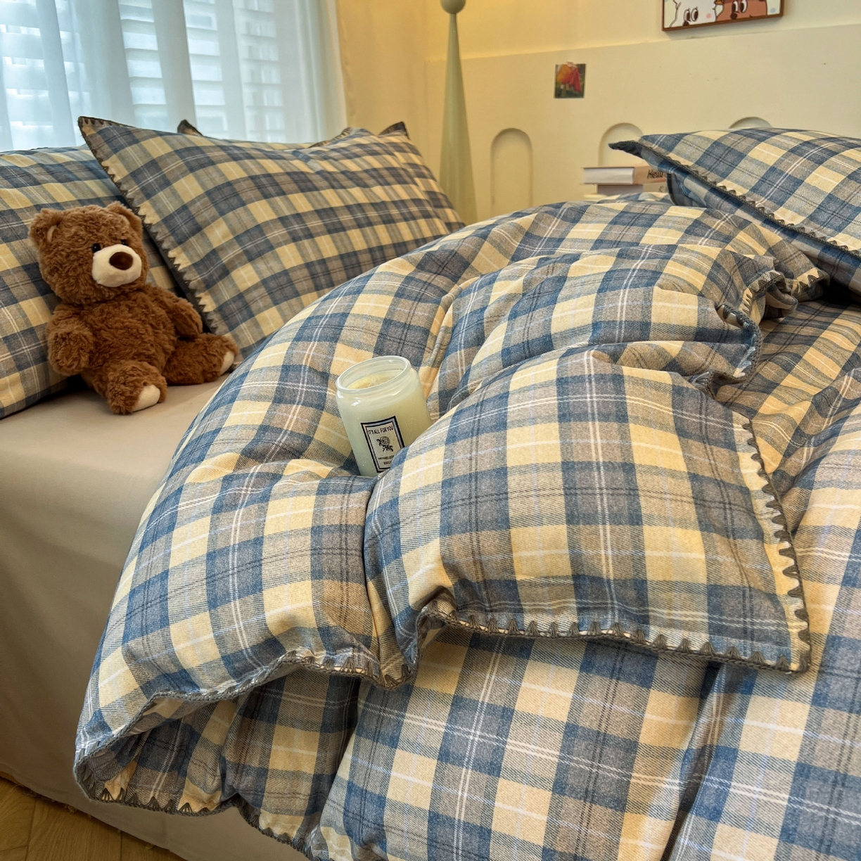 良品汇馆 2025【全棉磨毛四件套格纹】英伦格纹复古风贝壳边套件 蓝黄格韵