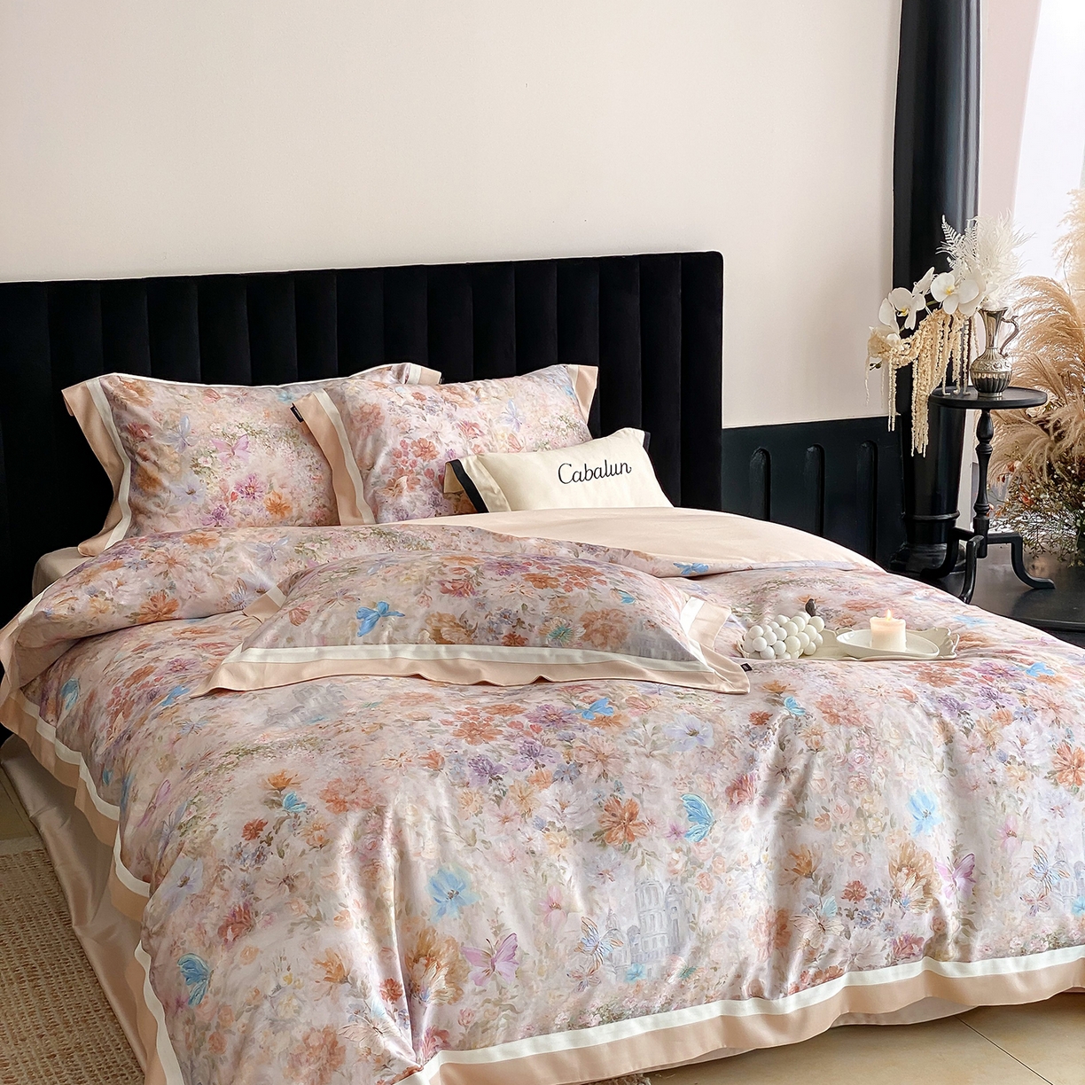 91家纺网 家纺一手货源 找家纺 卡巴伦家纺 2025新款超细旦天丝棉数码印花四件套-花卉（控价328） 碟影（暖玉）