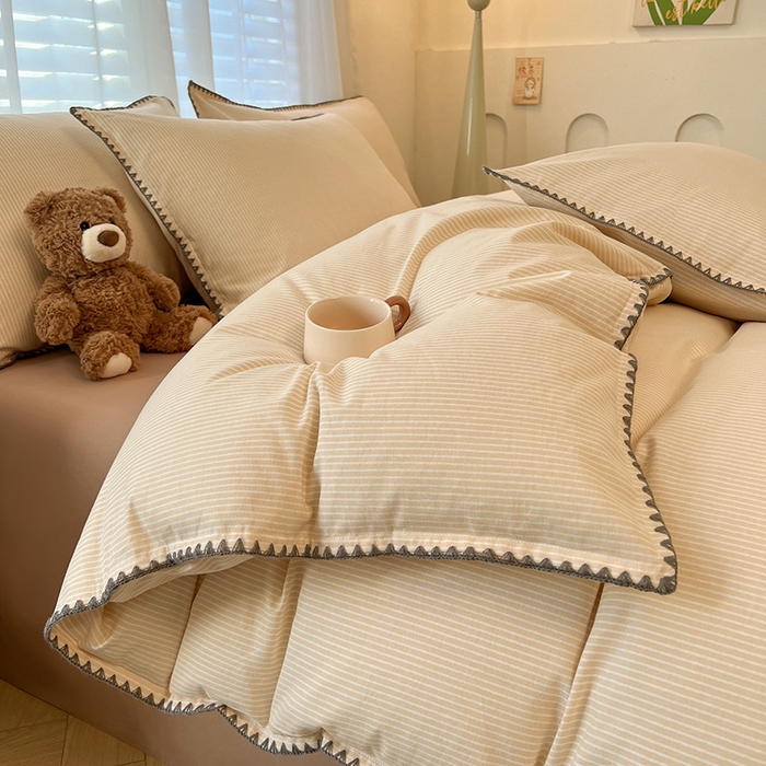 良品汇馆 2025【全棉磨毛四件套格纹】英伦格纹复古风贝壳边套件 雾丝-晨露米