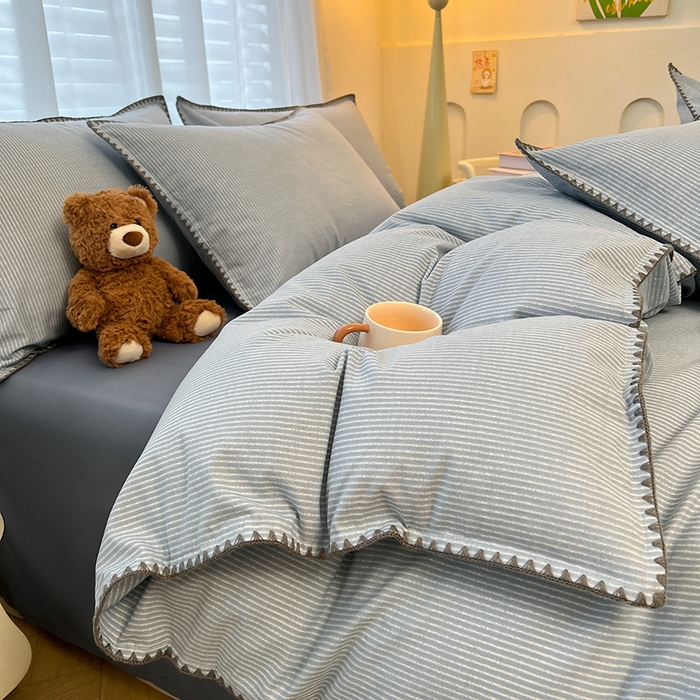 良品汇馆 2025【全棉磨毛四件套格纹】英伦格纹复古风贝壳边套件 雾丝-青花蓝