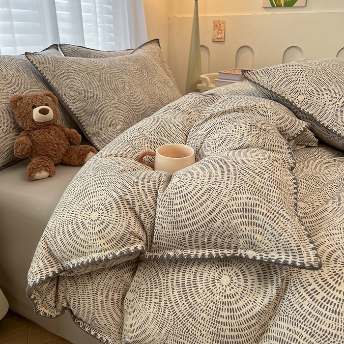 良品汇馆 2025【全棉磨毛四件套格纹】英伦格纹复古风贝壳边套件 旋栖-暮江灰