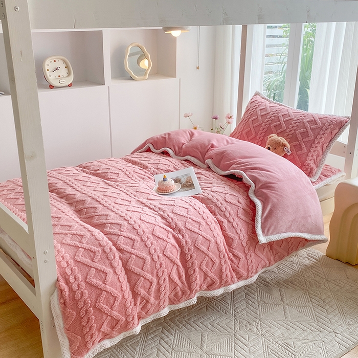 凌云家纺 2025新品学生宿舍牛奶绒床褥三件套加厚塔芙绒夹棉保暖 粉色