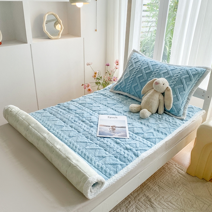 91家纺网 家纺一手货源 找家纺 凌云家纺 2025新品学生宿舍牛奶绒床褥三件套加厚塔芙绒夹棉保暖 天蓝色