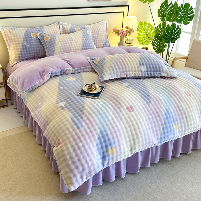 富缦庭 2025新款泡泡牛奶绒床盖款四件套 彩虹爱心