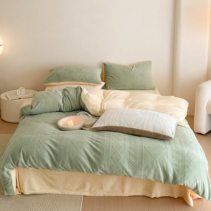 91家纺网 家纺一手货源 找家纺 良品汇馆 2025【牛奶毛绒套件加厚提花】冬季套件加厚烂花保暖提花床品 菱形格-绿