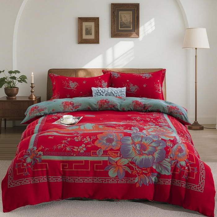 91家纺网 家纺一手货源 找家纺 鲁爱 2025新款大版色织提花全棉双层纱四件套 西厢记-红