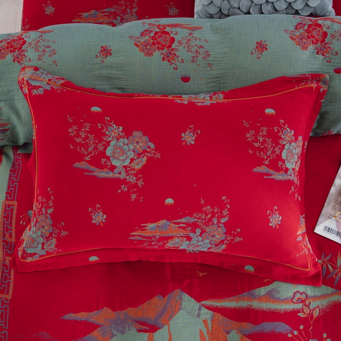 91家纺网 家纺一手货源 找家纺 鲁爱 2025新款大版色织提花全棉双层纱四件套 西厢记-红