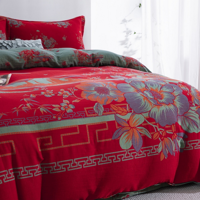 91家纺网 家纺一手货源 找家纺 鲁爱 2025新款大版色织提花全棉双层纱四件套 西厢记-红