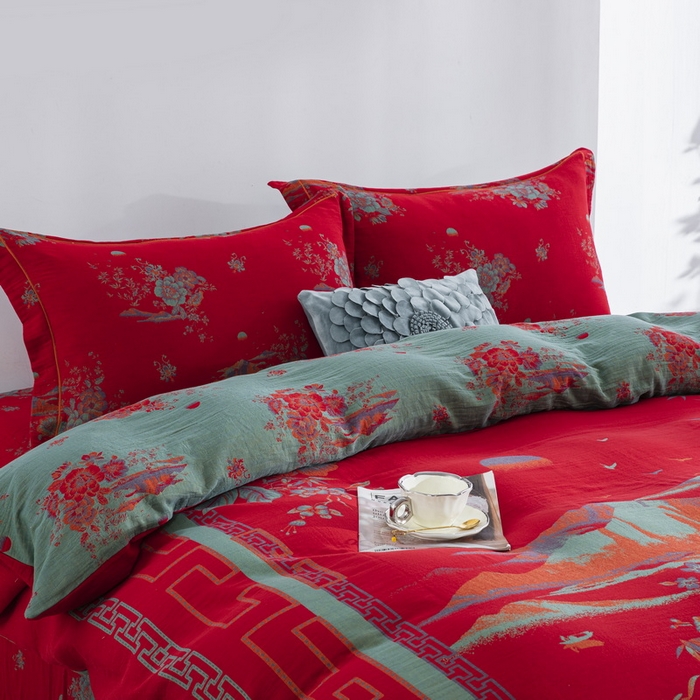 91家纺网 家纺一手货源 找家纺 鲁爱 2025新款大版色织提花全棉双层纱四件套 西厢记-红