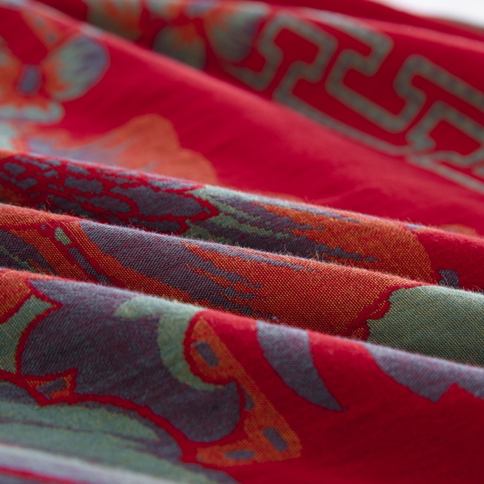 91家纺网 家纺一手货源 找家纺 鲁爱 2025新款大版色织提花全棉双层纱四件套 西厢记-红