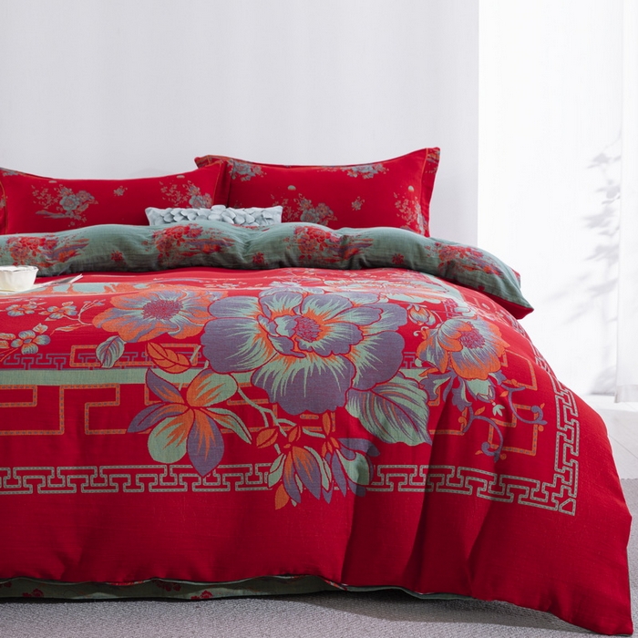 91家纺网 家纺一手货源 找家纺 鲁爱 2025新款大版色织提花全棉双层纱四件套 西厢记-红