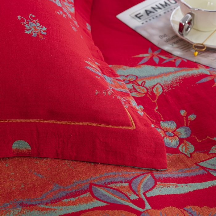 91家纺网 家纺一手货源 找家纺 鲁爱 2025新款大版色织提花全棉双层纱四件套 西厢记-红